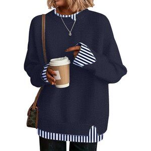 Women's Striped Navy Cowgirl Chic Knit Cozy Outfit Long Sleeve Pullover Sweater